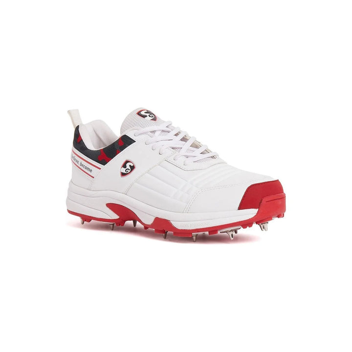 SG Savage Spikes Cricket Shoes Colour White Red Gray Size @ Side View