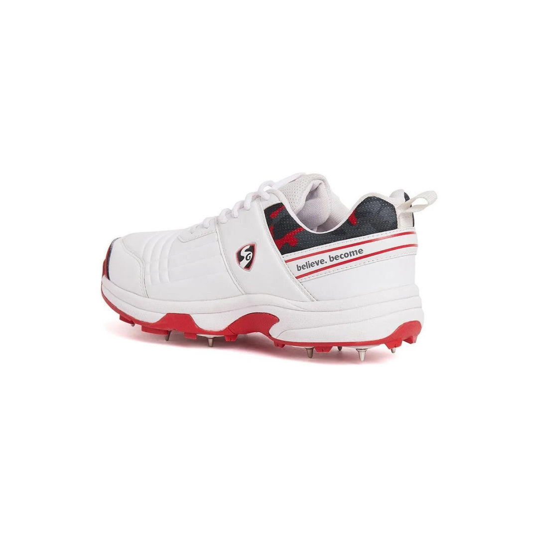 SG Savage Spikes Cricket Shoes Colour White Red Gray Size @ Back Side View