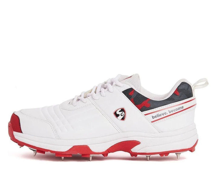 SG Savage Spikes Cricket Shoes Colour White Red Gray Size @ Side View