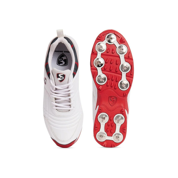 SG Savage Spikes Cricket Shoes Colour White Red Gray Size @ Upside  Down View