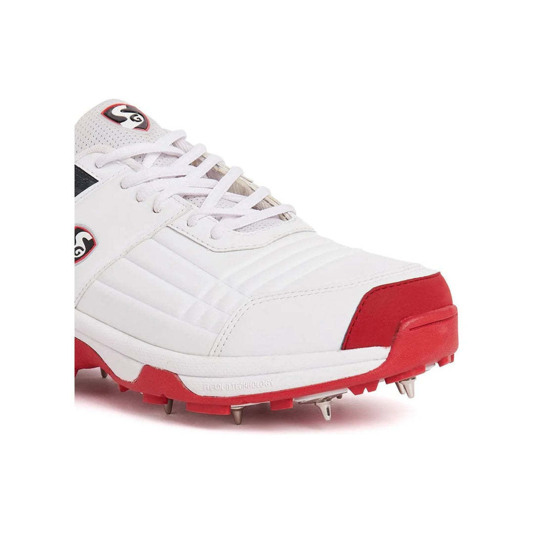 SG Savage Spikes Cricket Shoes Colour White Red Gray Size @ Front Side View