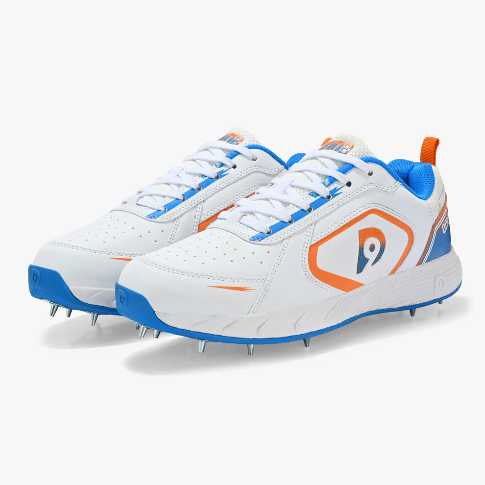 Dnine Thunder 1 Spike White Orange Blue Cricket Shoes Combo@front view