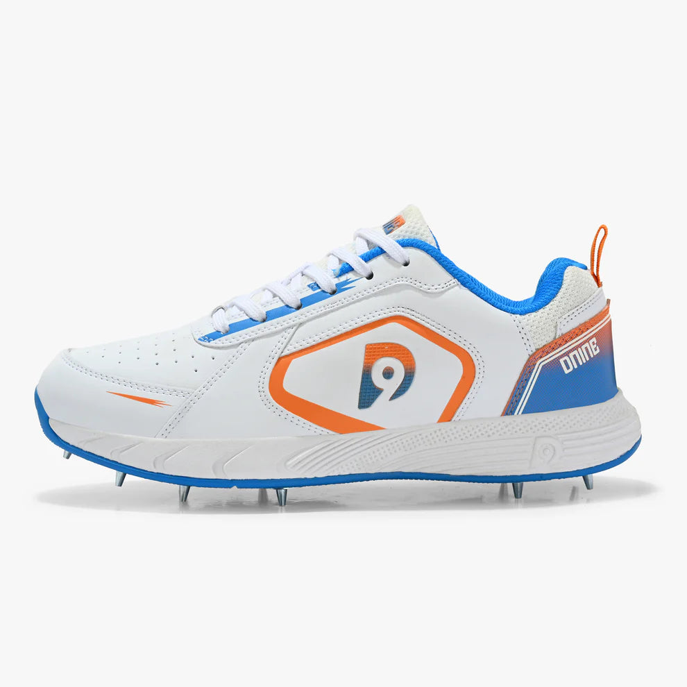 Dnine Thunder 1 Spike White Orange Blue Cricket Shoes Combo@front view1