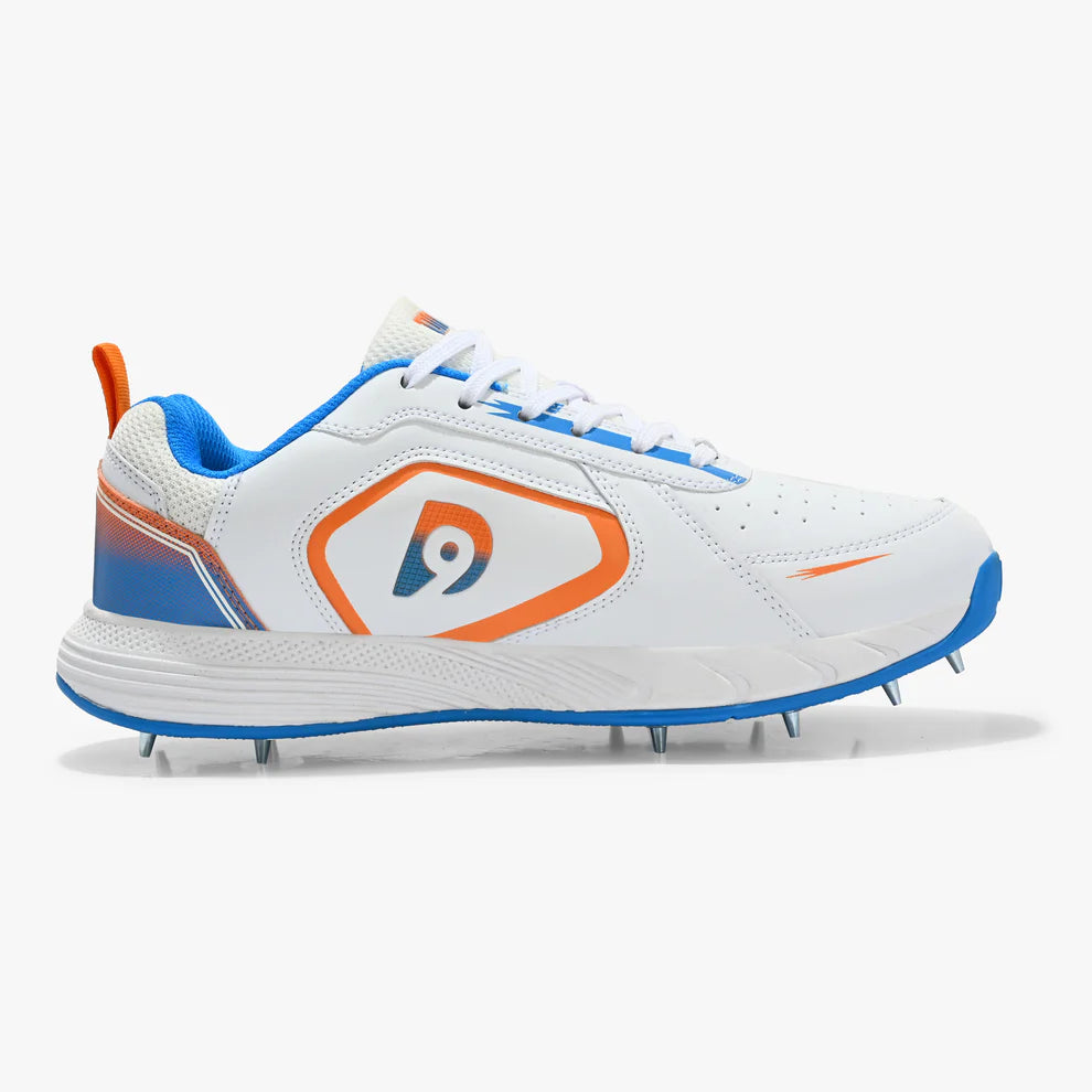 Dnine Thunder 1 Spike White Orange Blue Cricket Shoes Combo@front view2