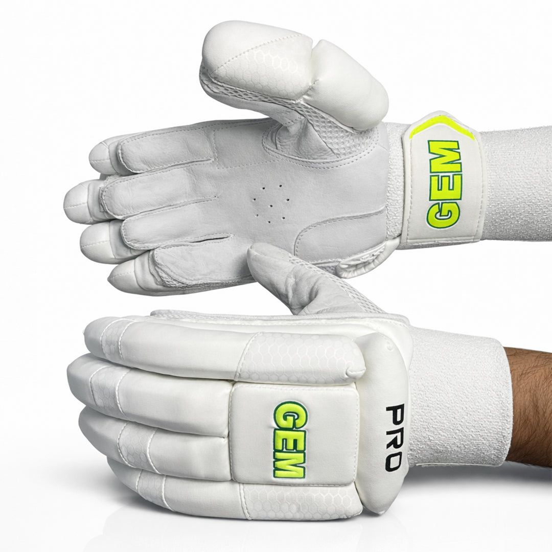 GEM Pro All White Cricket Batting Gloves Mens Size@front view