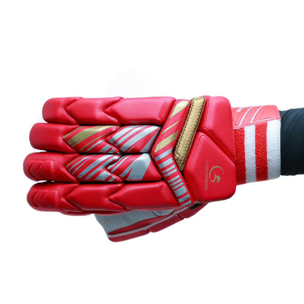 Gortonshire Armour Red Cricket Batting Gloves Mens Size @ Left Back View