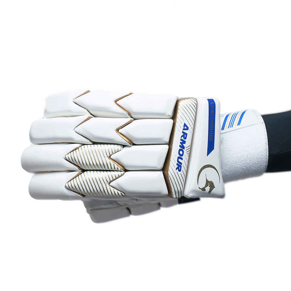 Gortonshire Armour White Cricket Batting Gloves Mens Size @ Left Back View