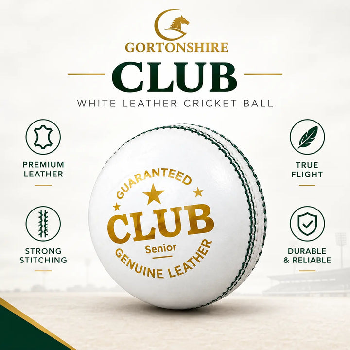 Gortonshire Club Leather Cricket 4PC Ball White @ Side View 2