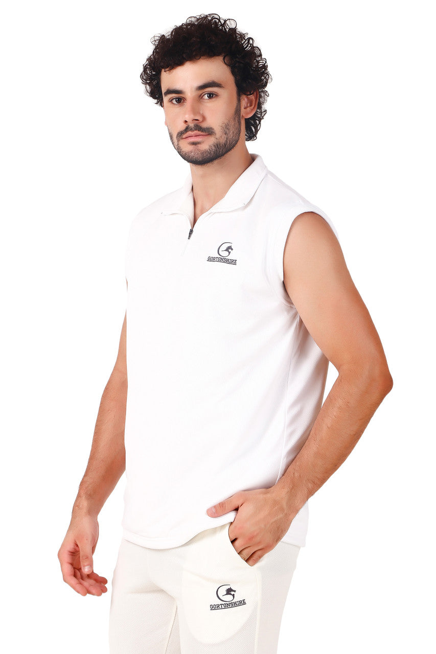 Gortonshire Cricket Performance Fleece Sweater (Sleeveless) in Mens Sizes @ Front Side View 3