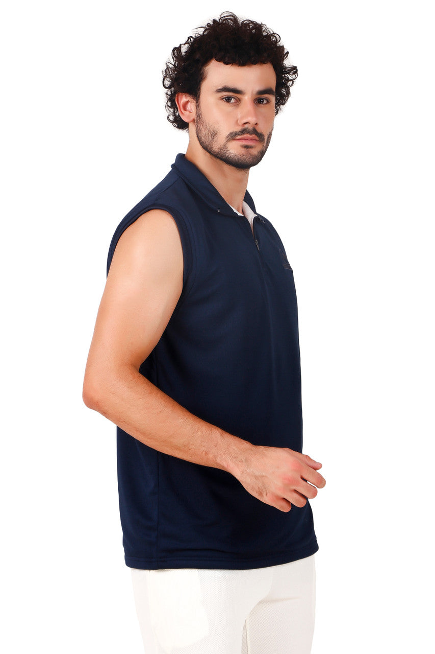 Gortonshire Cricket Performance Navy Blue Fleece Sweater (Sleeveless) @ Side View 3