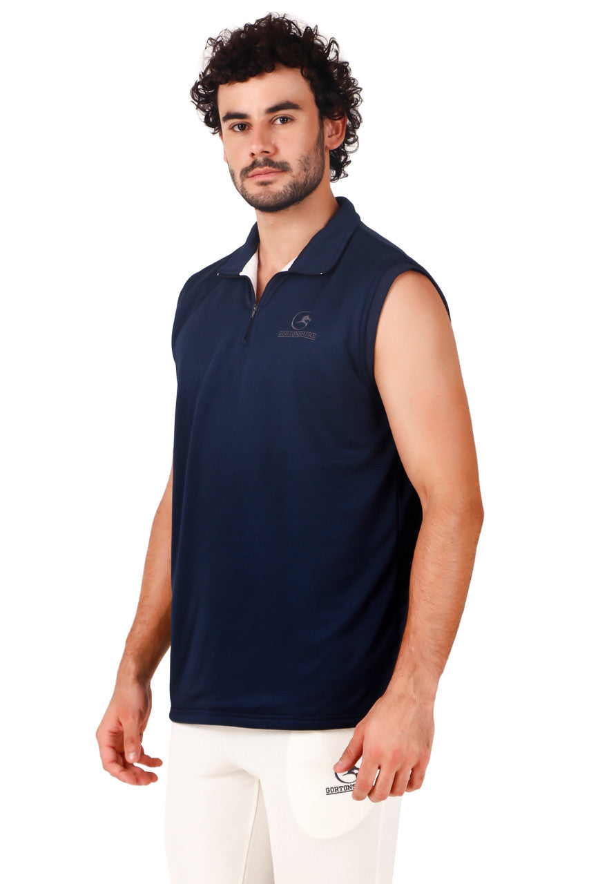 Gortonshire Cricket Performance Navy Blue Fleece Sweater (Sleeveless) @ Side View 2