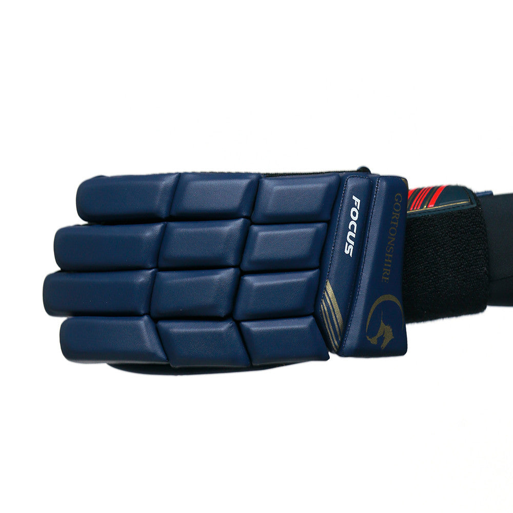 Gortonshire Focus Navy Blue Cricket Batting Gloves Mens Size @ Left Back View