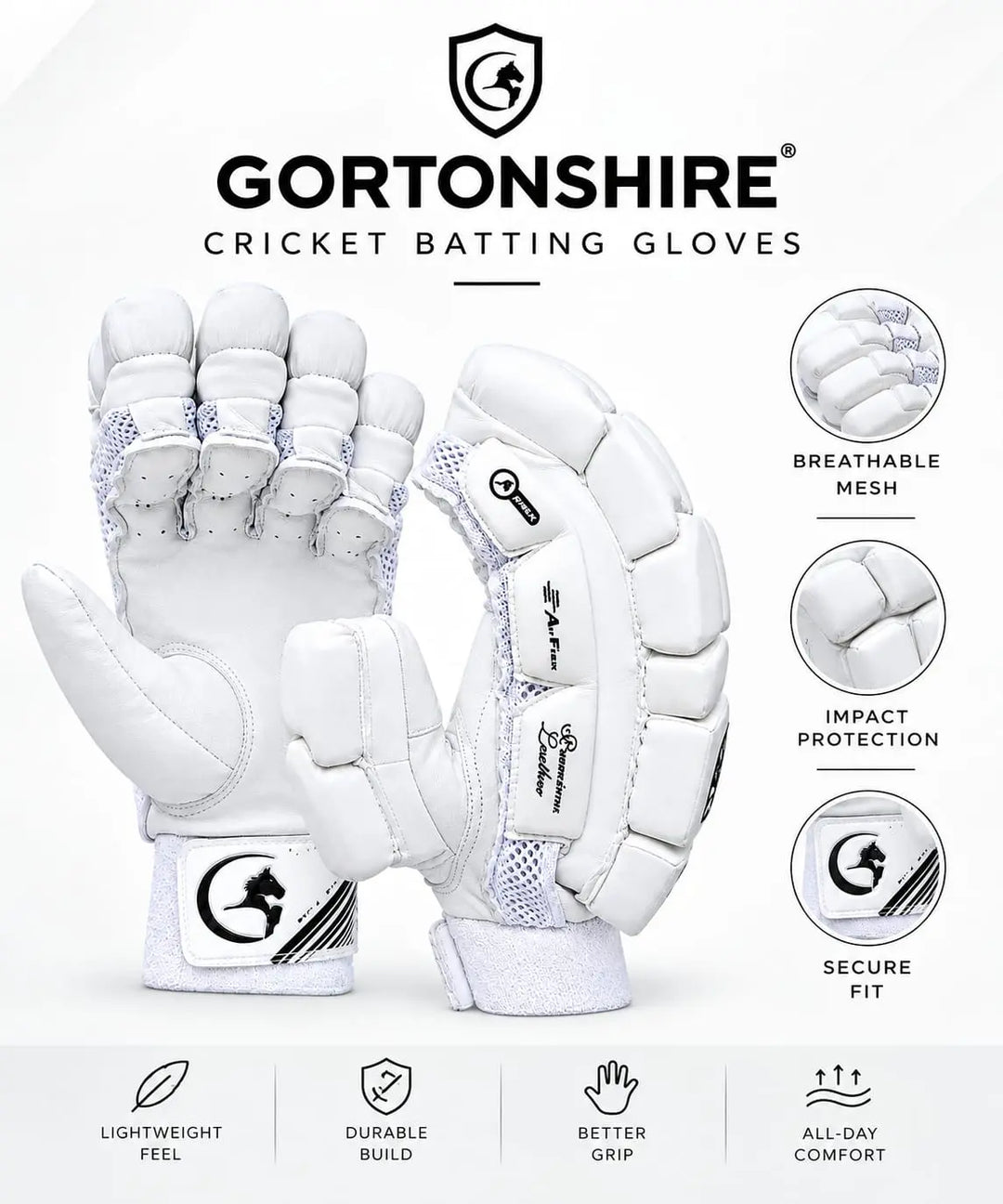 Gortonshire Hyper Lite Cricket Batting Gloves Mens Size@Close View