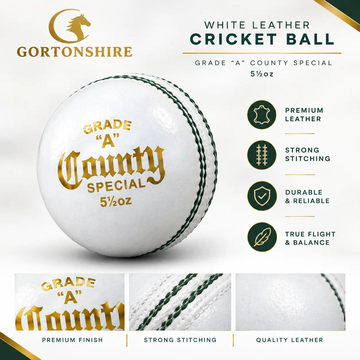 Gortonshire Leather Cricket G1 County Special Ball White @ Side View 2