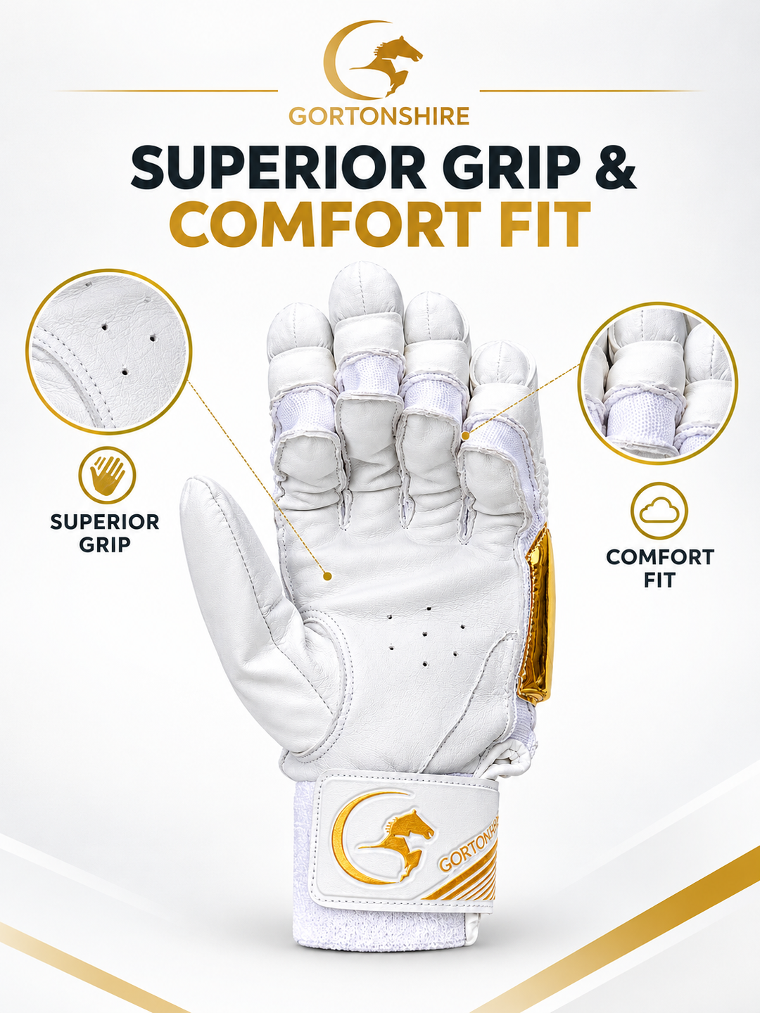 Gortonshire Player White Gold Cricket Batting Gloves Adult Size@detail 1 View