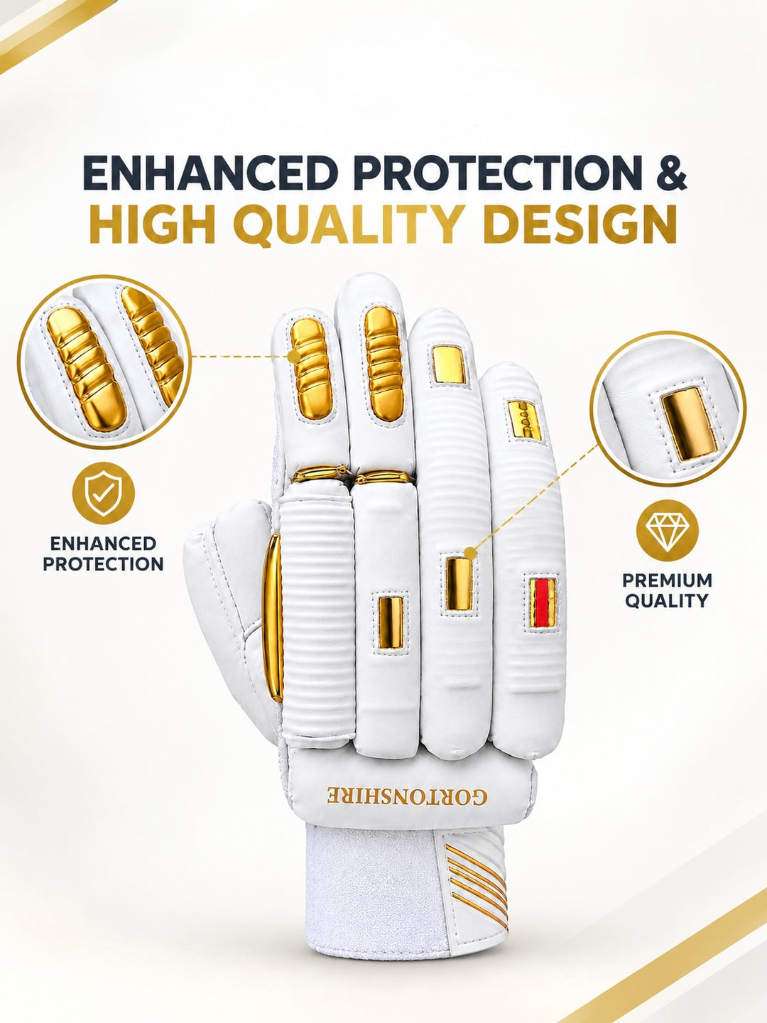 Gortonshire Player White Gold Cricket Batting Gloves Adult Size@detail View