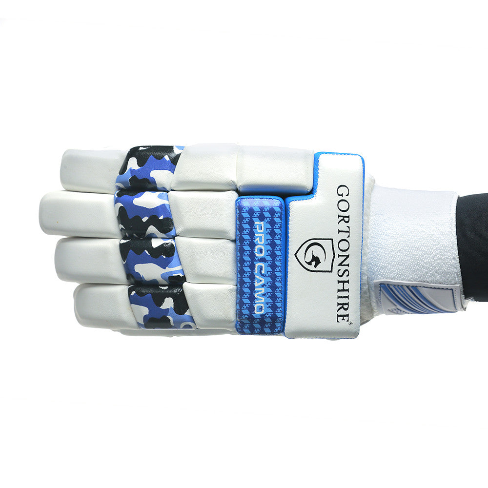 Gortonshire Pro Camo Blue Cricket Batting Gloves @ Left Back View