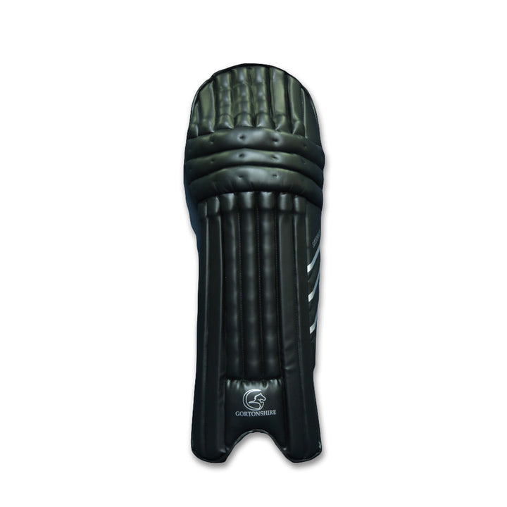 Gortonshire Shield Black Cricket Batting Leg Guard Pads @ Front View