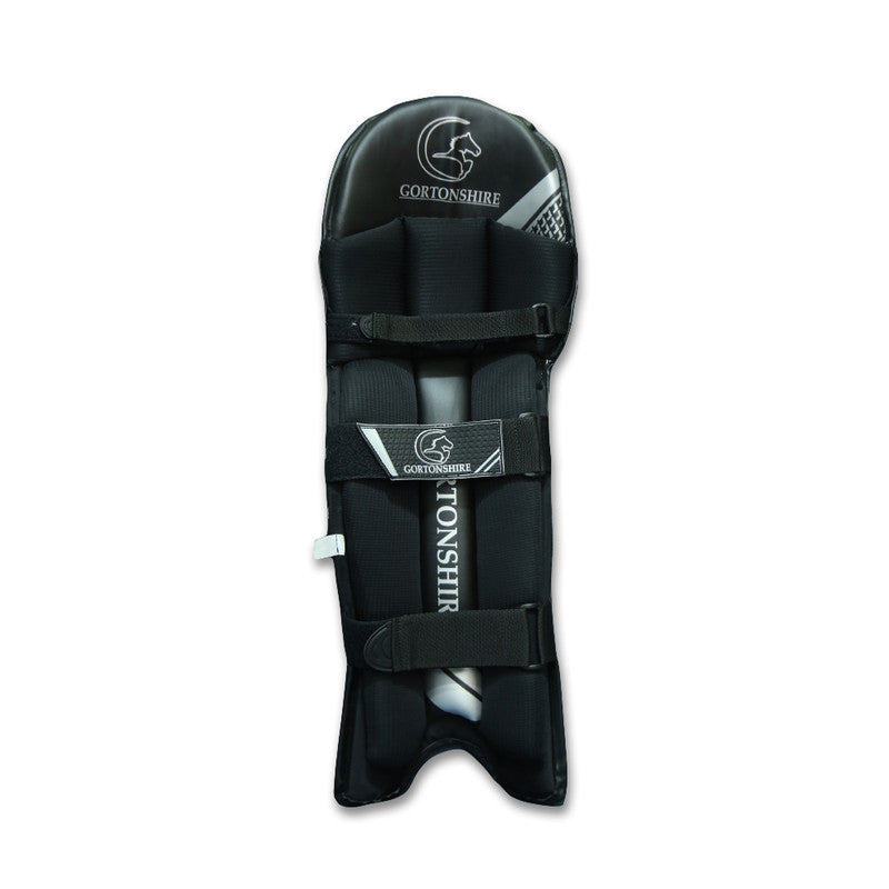 Gortonshire Shield Black Cricket Batting Leg Guard Pads @ Back View