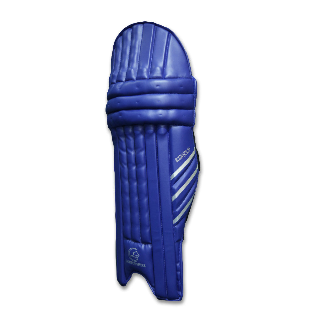 Gortonshire Shield Navy Blue Cricket Batting Leg Guard Pads Mens Size @ Front Side View