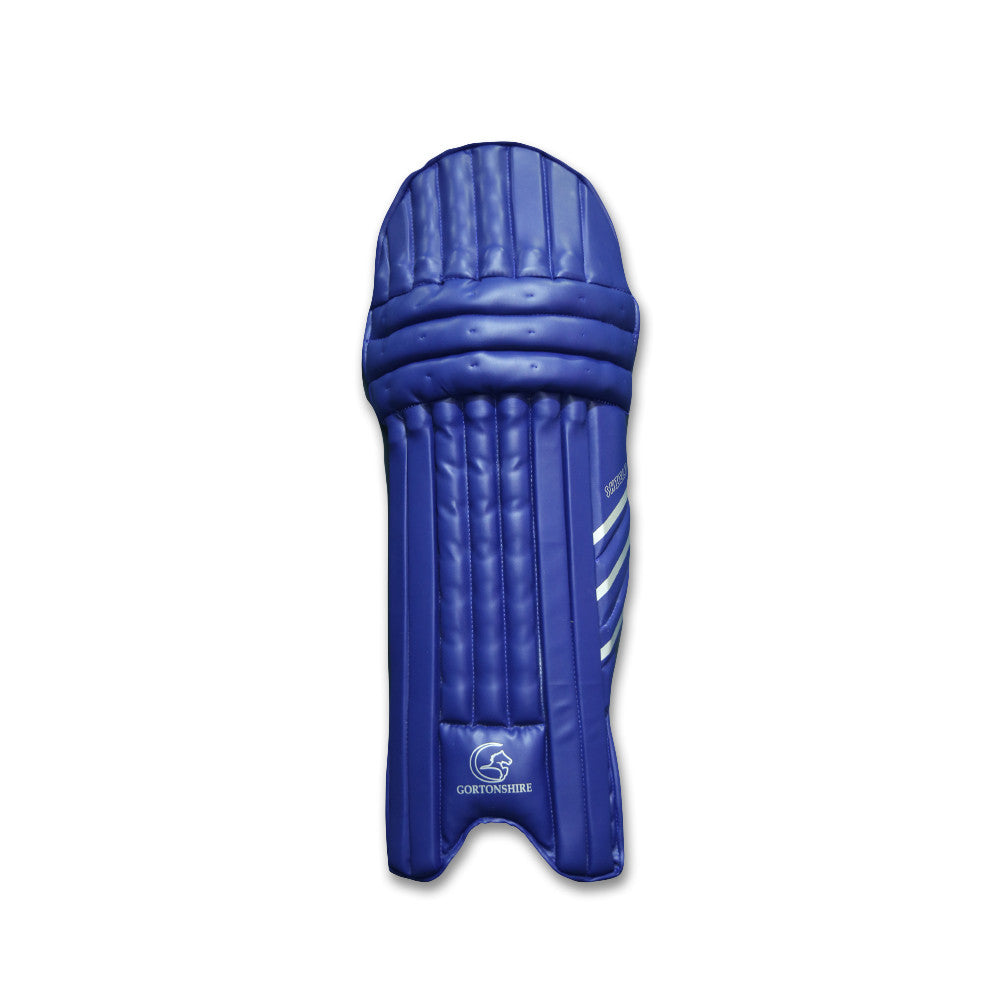 Gortonshire Shield Navy Blue Cricket Batting Leg Guard Pads Mens Size @ Front View