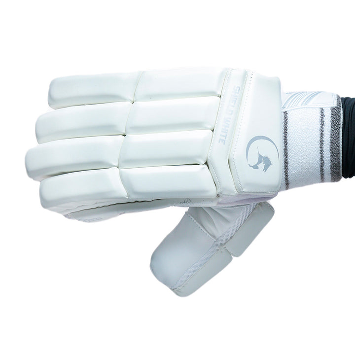 Gortonshire Shield White Cricket Batting Gloves @ Right Back View