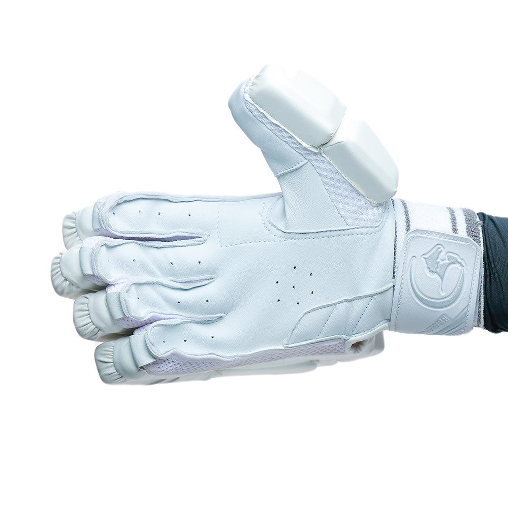 Gortonshire Shield White Cricket Batting Gloves @ Right Front View