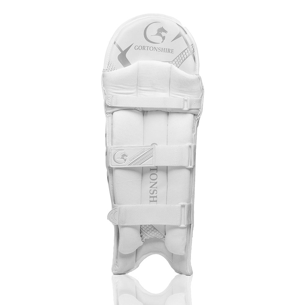 Gortonshire Shield White Cricket Batting Leg Guard Pads @ Back View