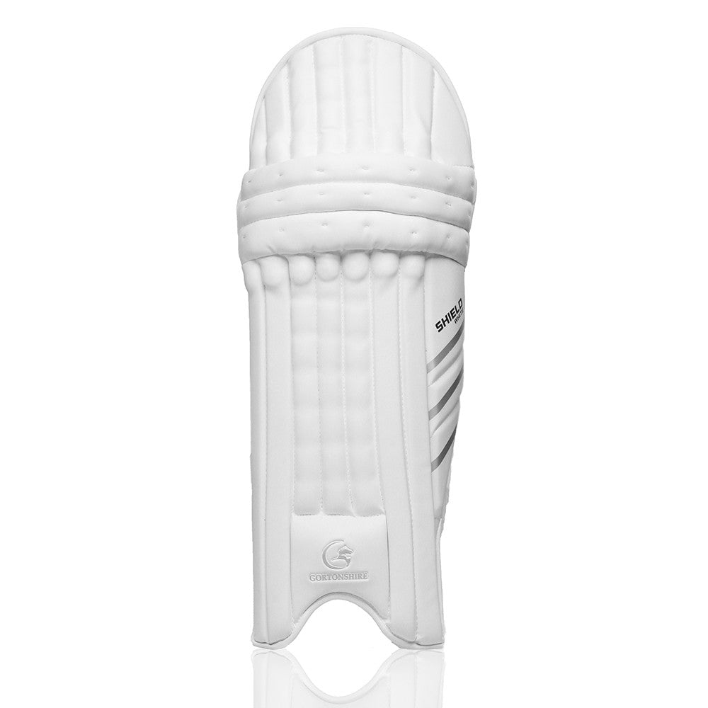 Gortonshire Shield White Cricket Batting Leg Guard Pads @ Front View