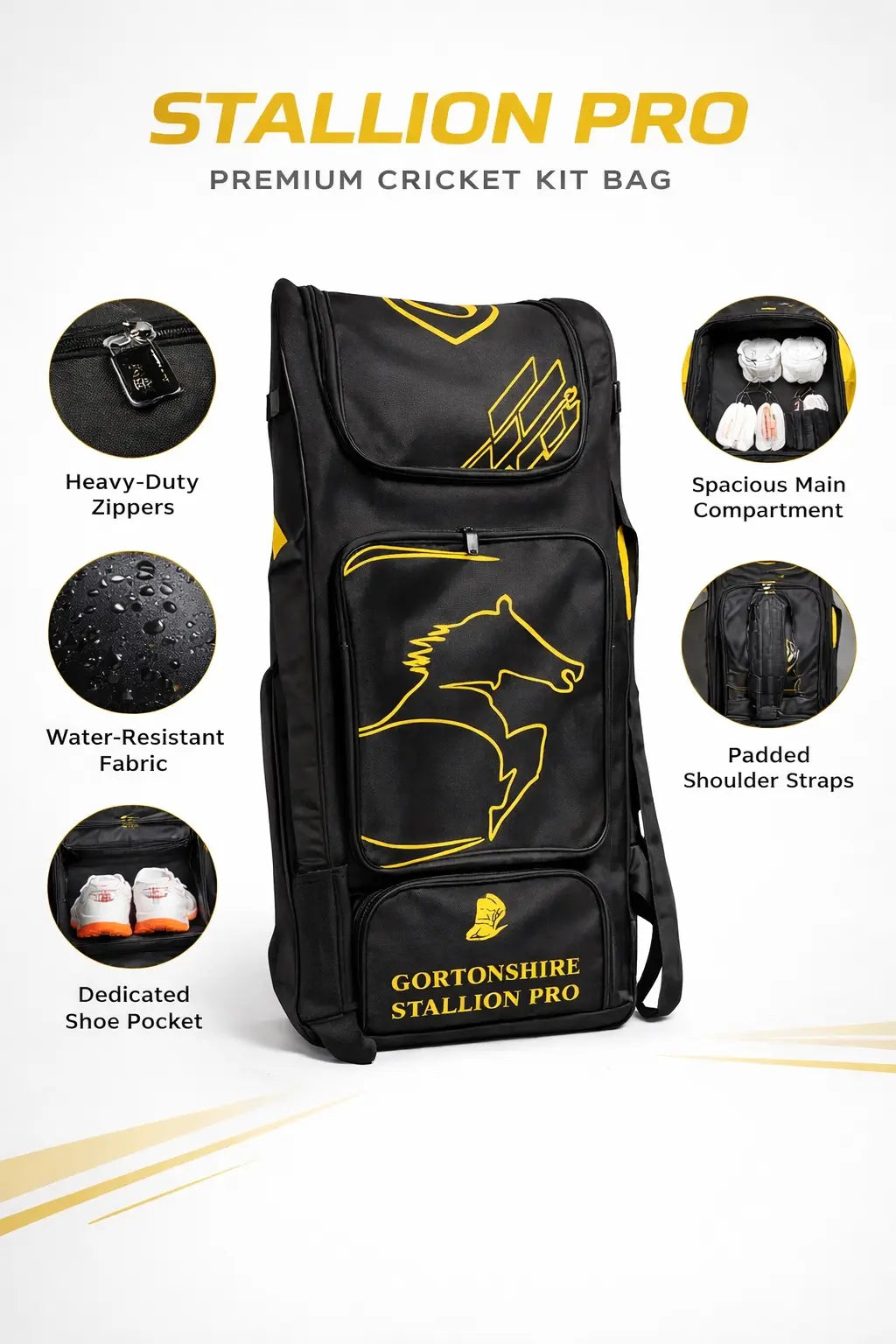 Gortonshire Stallion Pro Cricket Duffle Kit Bag With Wheels@front view5