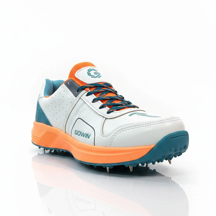 Gowin Nitro Cricket Spikes White Seagreen Shoes @ Front Side View
