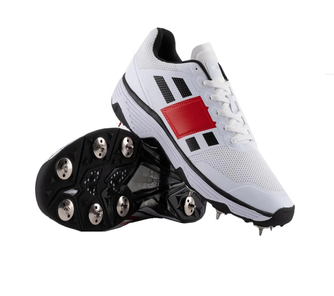 Gray Nicolls GN8 Players 2.0 Spike White Black Red Cricket Shoes@front view