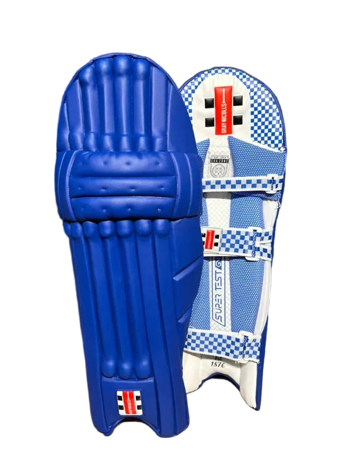 Gray Nicolls GN9 Supertest Blue Batting Cricket Leg Guard Pads Size Adult@front view