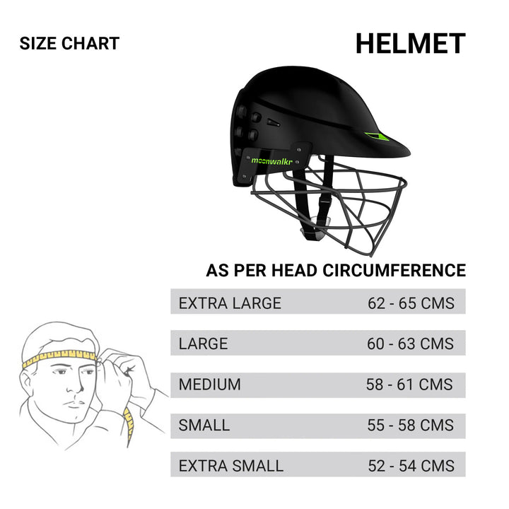 Moonwalkr Mind 2.0 Cricket Helmet Black Color @ Size Chart View