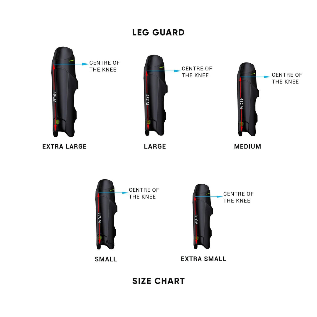 Size chart for leg guards with measurements labeled on a white background