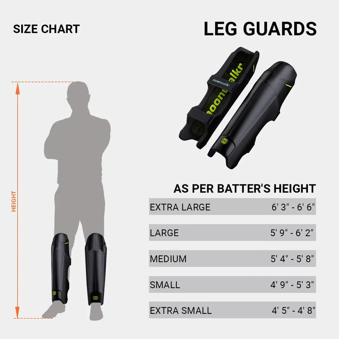 Size chart for leg guards showing batter's height and corresponding size categories.