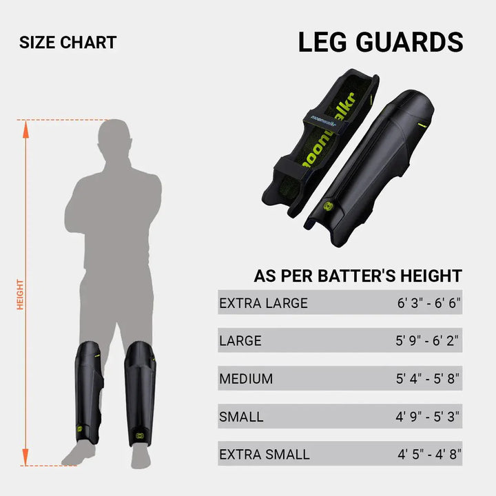 Size chart for leg guards showing batter's height and corresponding size categories.