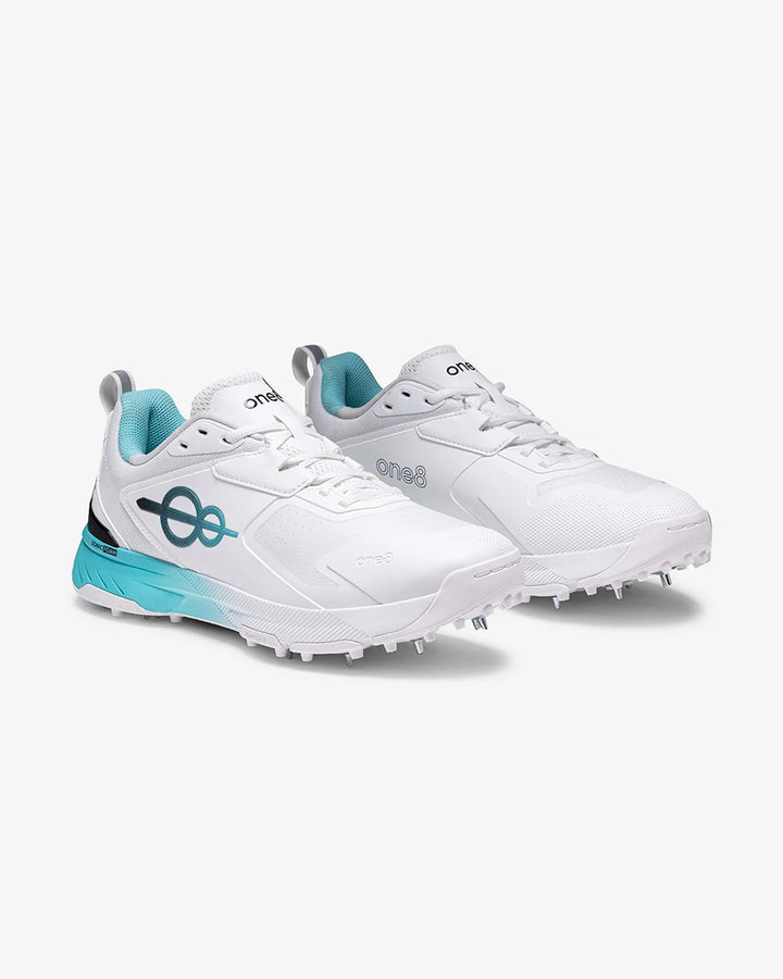 One 8 Cover Drive 18 Pro Spike White Blue Cricket Shoes @ Composite View
