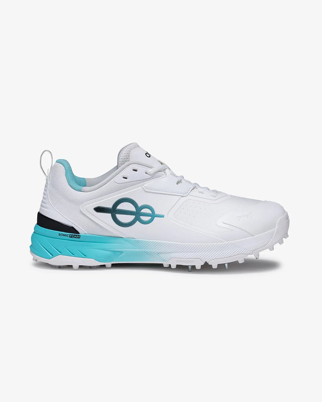 One 8 Cover Drive 18 Pro Spike White Blue Cricket Shoes @ Side View