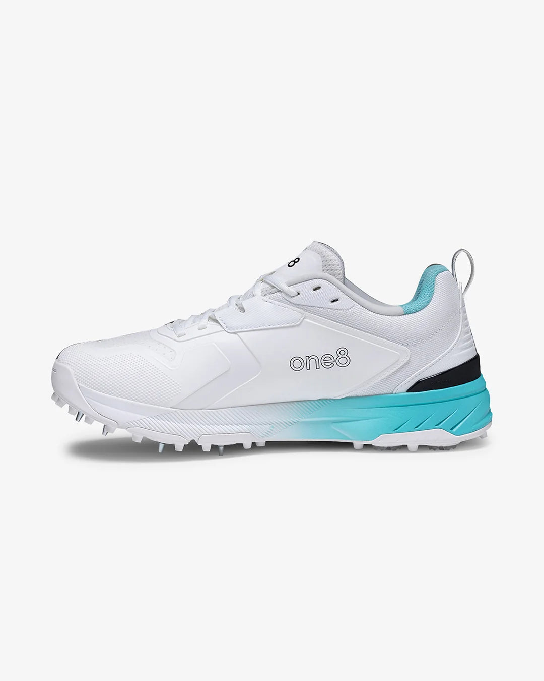 One 8 Cover Drive 18 Pro Spike White Blue Cricket Shoes @ Side View 2