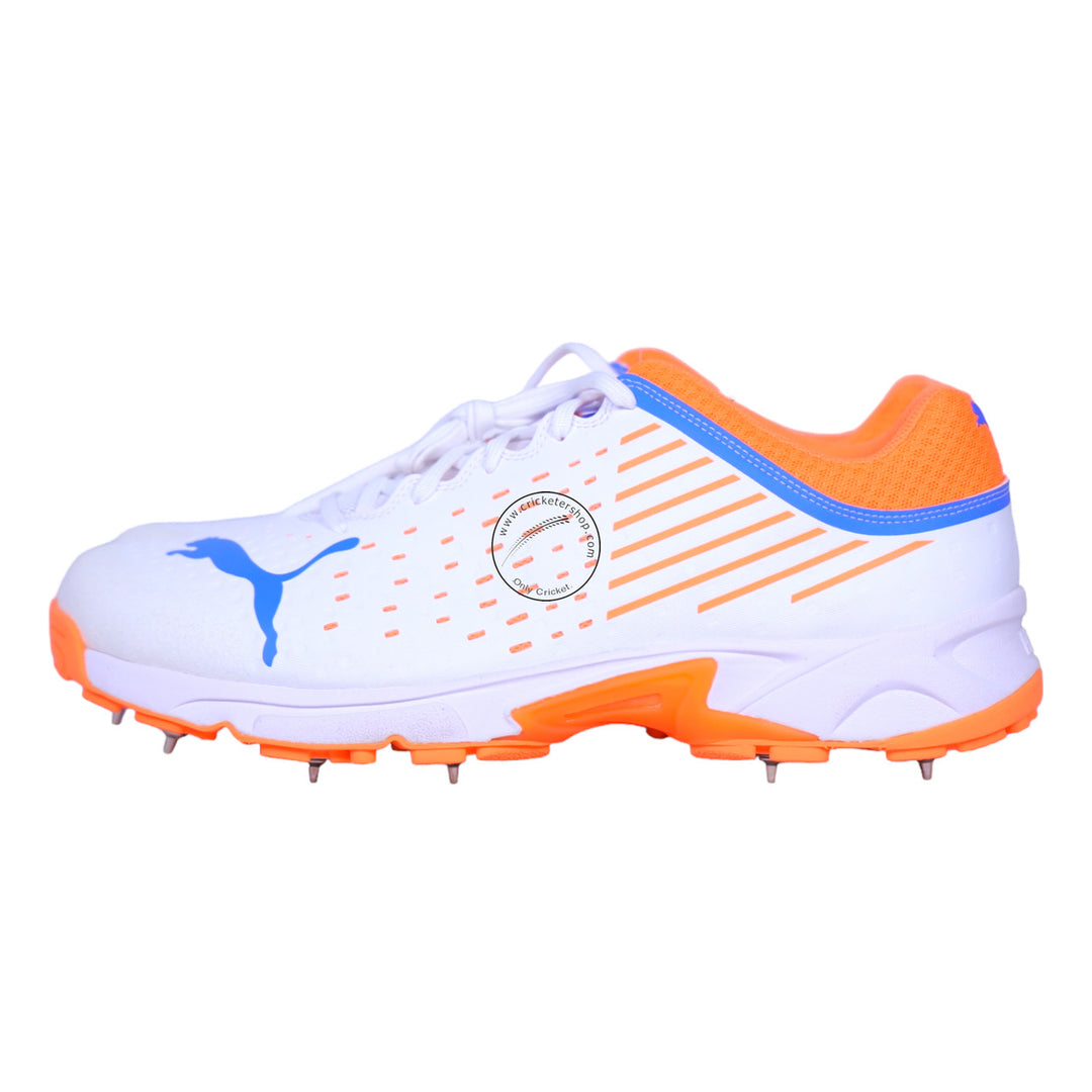 Puma 22.1 Neon Citrus Cricket Spike Shoes White Orange @ Side View