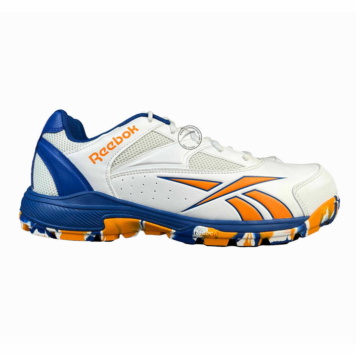 Reebok Re-Volve Tech Cricket Rubber Shoes White /Shocking Orange /Vector Blue Size @ Side View