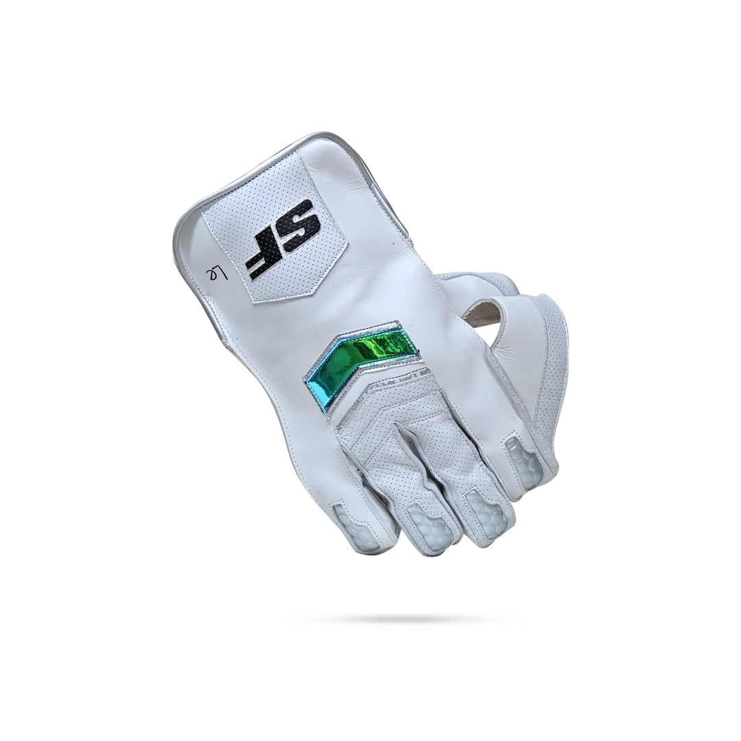 SF Limited Edition All White Cricket Wicket Keeping Gloves Size Adult @ Left Back View 2