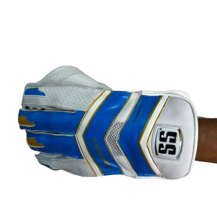 SS Falcon Cricket Wicket Keeping Gloves Mens Size @ Left Back View Blue