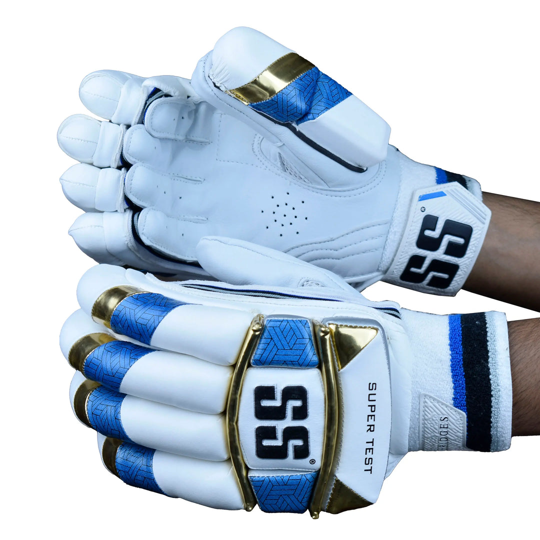 SS Super Test White Teal Gold Cricket Batting Gloves Mens@front view5