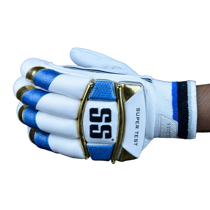 SS Super Test White Teal Gold Cricket Batting Gloves Mens@front view6