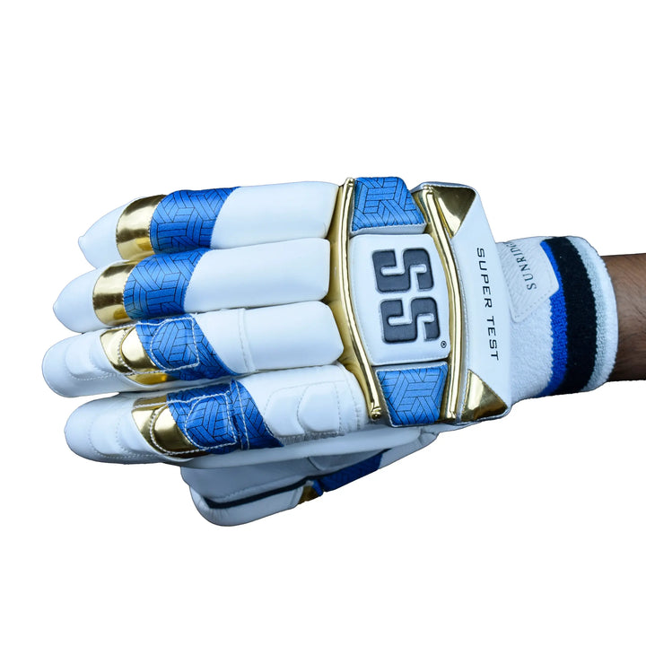 SS Super Test White Teal Gold Cricket Batting Gloves Mens@front view7