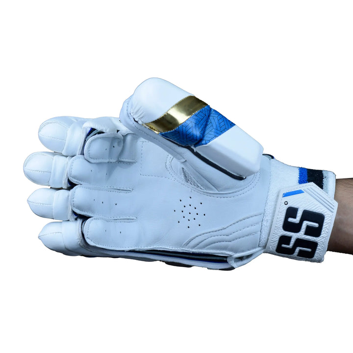 SS Super Test White Teal Gold Cricket Batting Gloves Mens@front view9