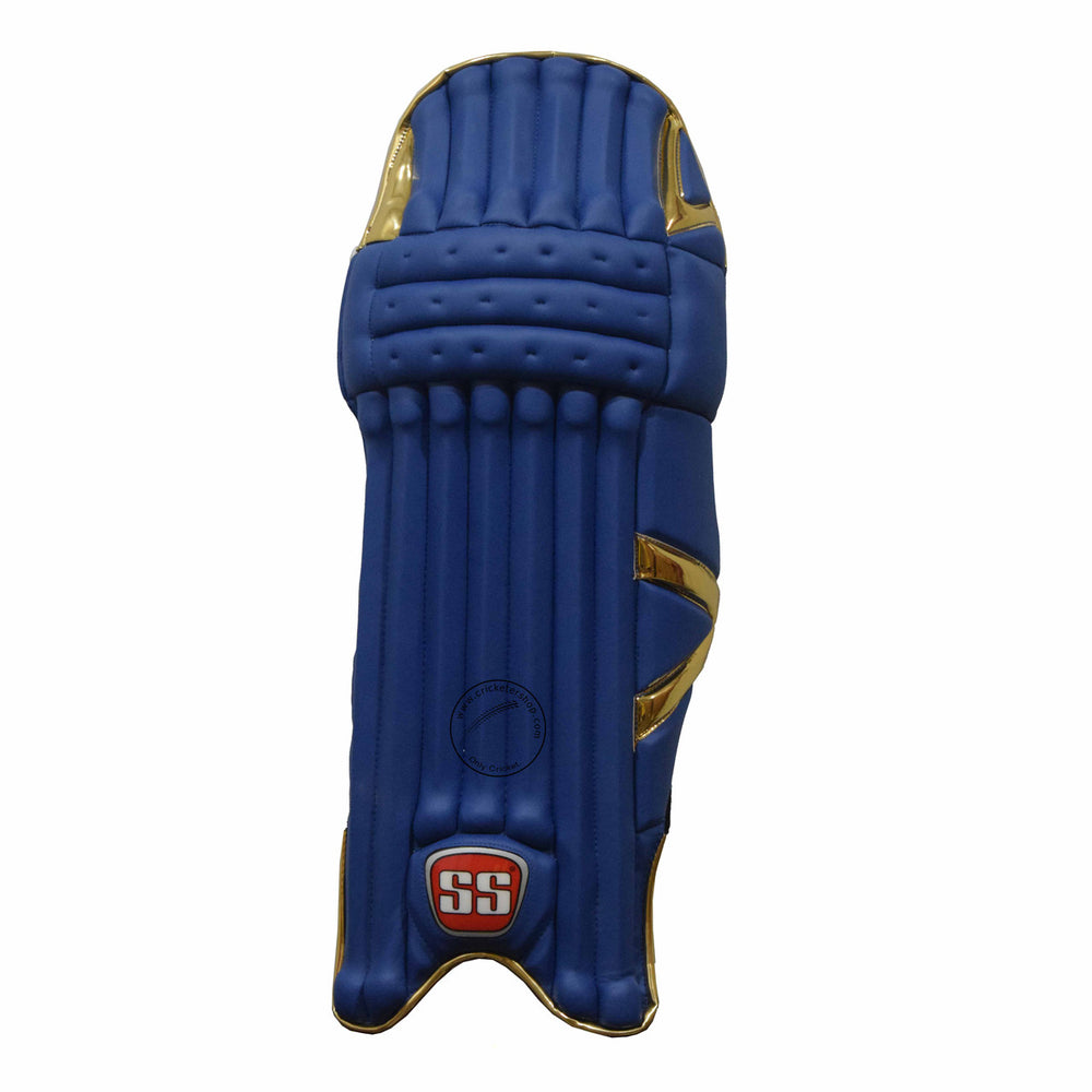 SS Test Opener Navy Blue Gold Coloured Cricket Batting Leg Guard Pads Mens Size @ Front View