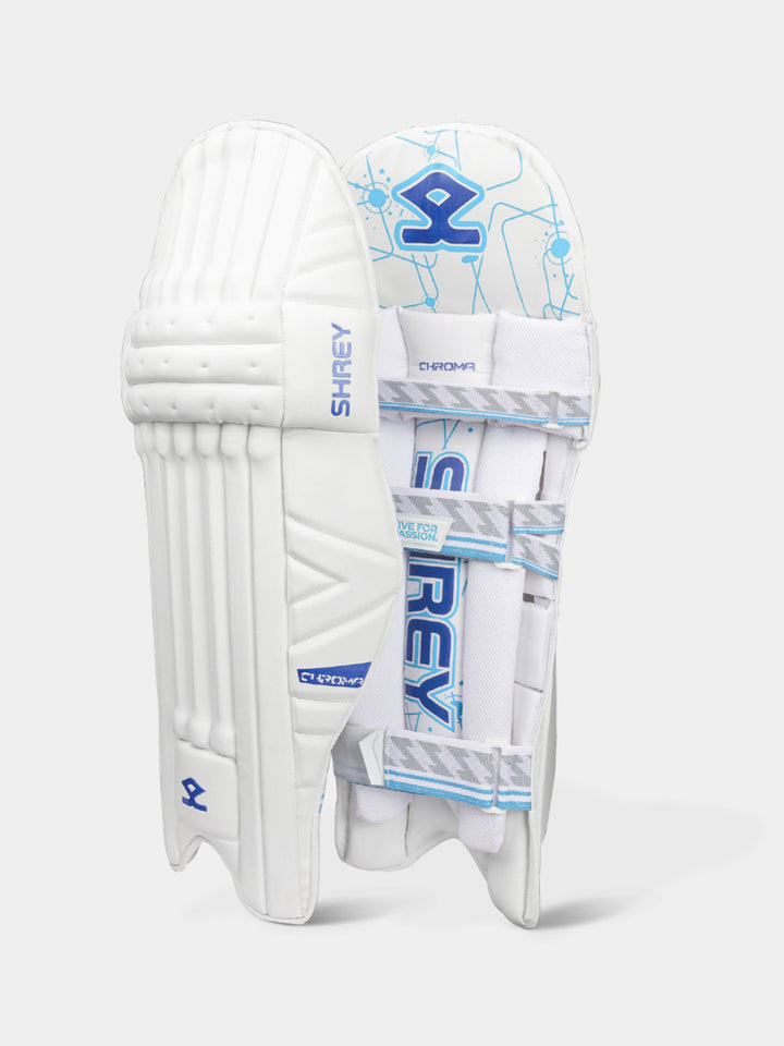 Shrey Chroma Cricket Batting Leg guard White/Royal Blue Size@front view